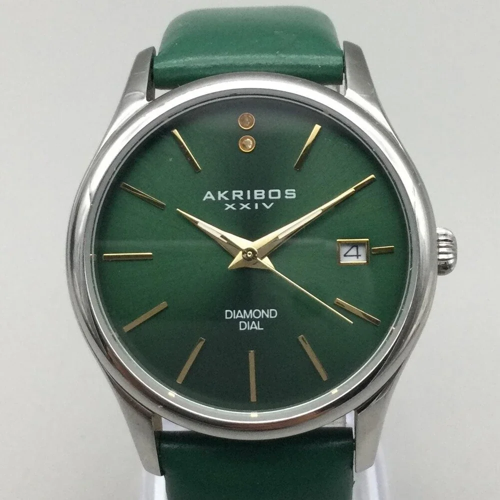 Akribos XXIV Womens Watch 34mm Green Diamond Dial Date Dress New Battery